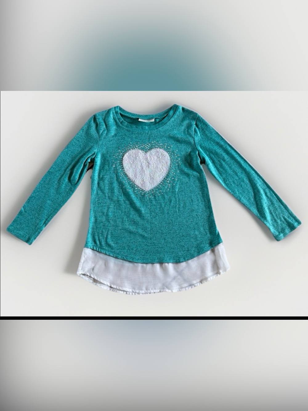 Bobbie Brooks Girls Teal Heart Sequin Long Sleeve Tunic Top Size L 10-12